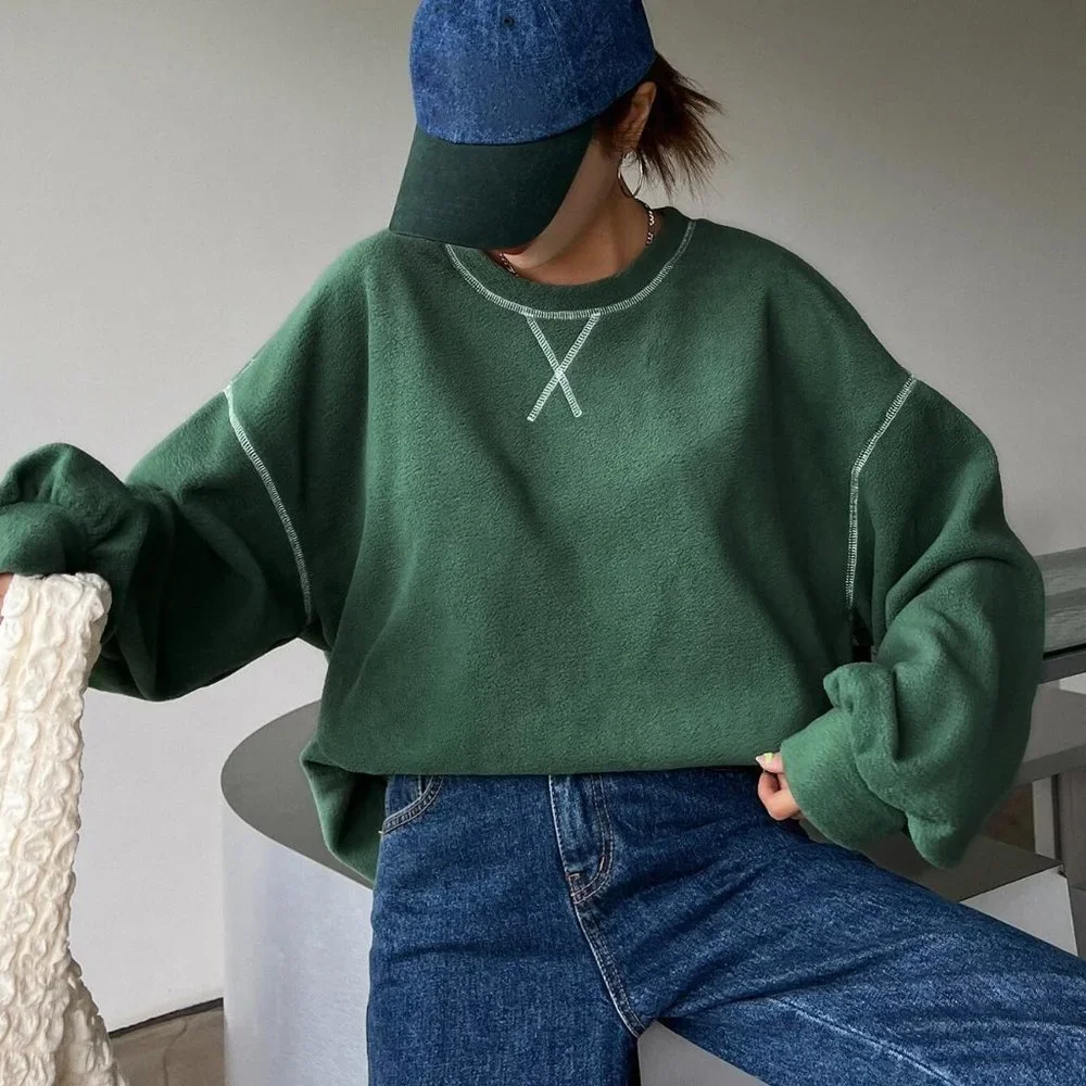 Green Casual Womens Slogan Graphic Drop Shoulder Fleece Oversized Sweatshirt - Picture 2 of 5